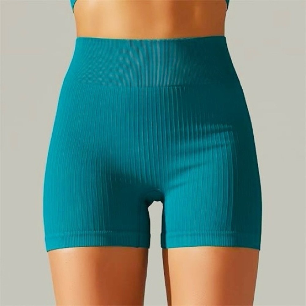 *Final Price* High-Waist Seamless Ribbed Shorts in Teal Blue